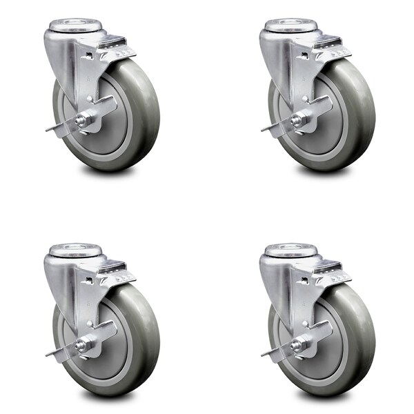 5 Inch Gray Polyurethane Wheel Swivel Bolt Hole Caster Set with Brake SCC